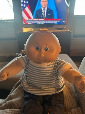 Vintage Cabbage Patch boy doll. Blue  & White Striped clothes in Jeans